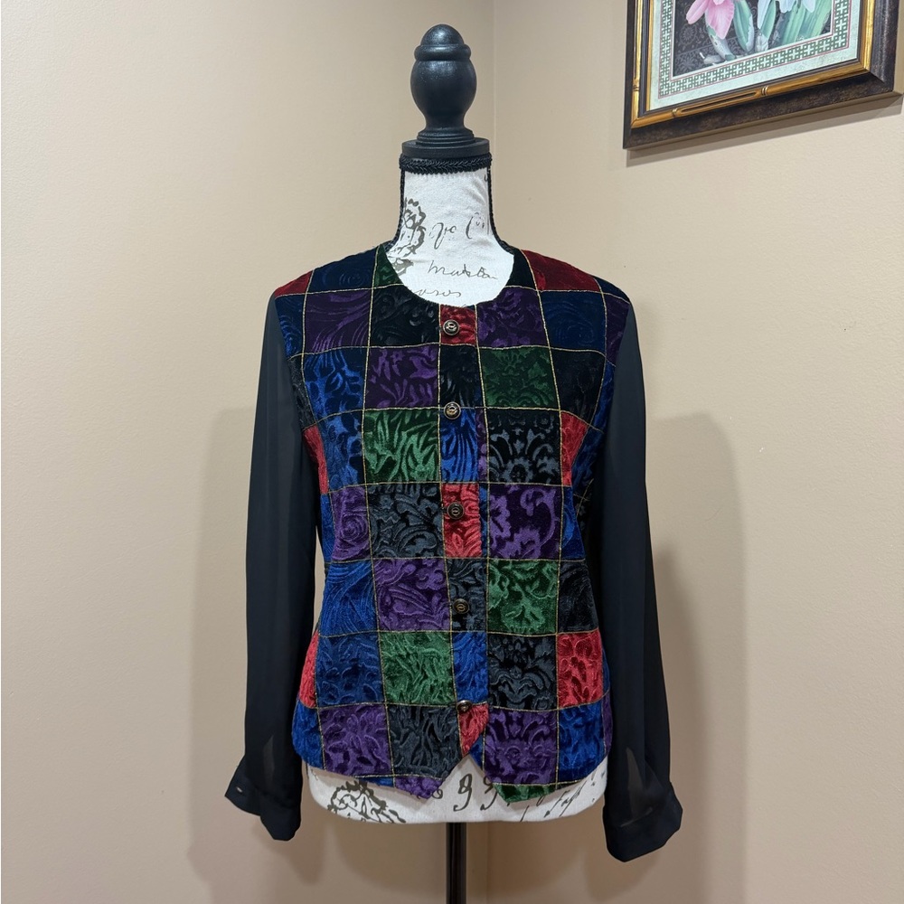 Vintage 90s BFA Classics Velvet Patchwork Evening Blouse Sheer Sleeve Tie Back